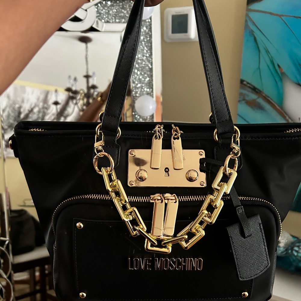 Love Moschino black nylon coated canvas handbag cross body satchel golden detail